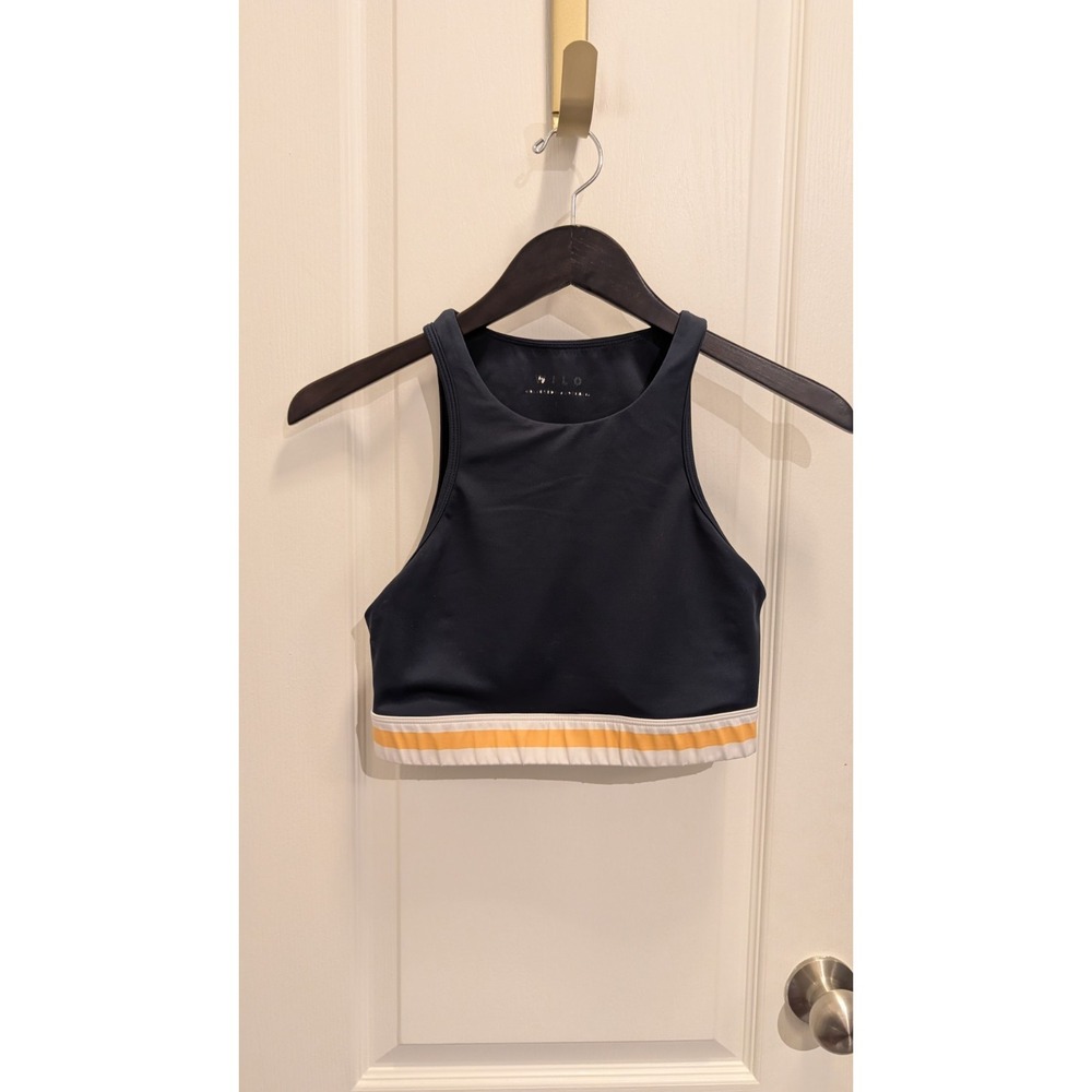 High Neck Navy Sports Bra with Yellow Stripe